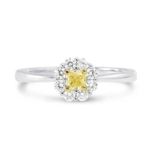 18CT White Gold Fancy Yellow Radiant Diamond Halo Ring