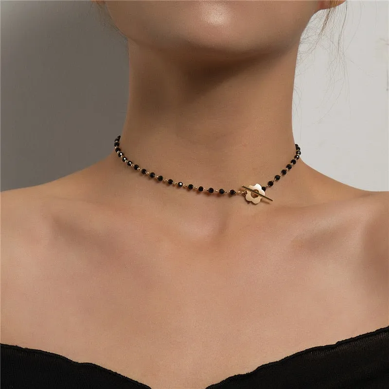 2022 New Fashion Luxury Black Crystal Glass Bead Chain Choker Necklace For Women Flower Lariat Lock Collar Necklace Gifts