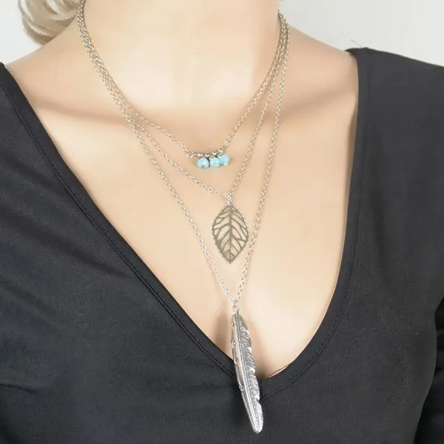 3 Layer Leaf Long Chain Pendant Necklaces for Women