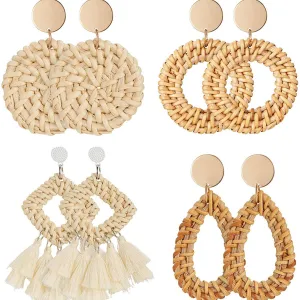 4-Pairs: Women's Rattan Earrings