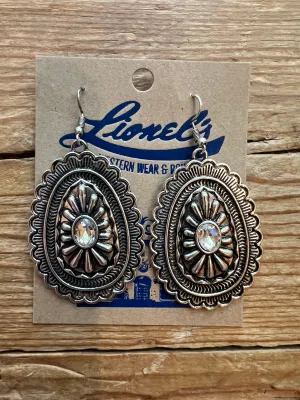 Antique Silver Oblong Concho Earrings w/ Center Crystal