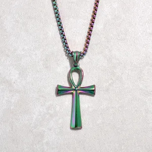 Aurora Borealis Ankh Cross Steel Hearts Necklace