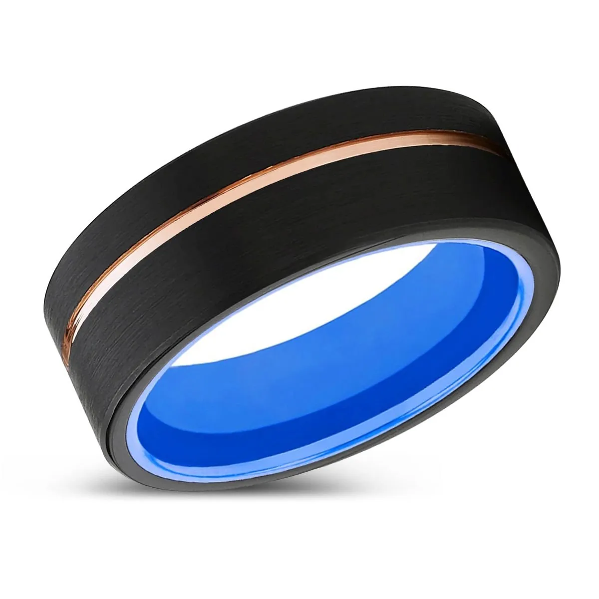 AZURE | Blue Ring, Black Tungsten Ring, Rose Gold Offset Groove, Brushed, Flat