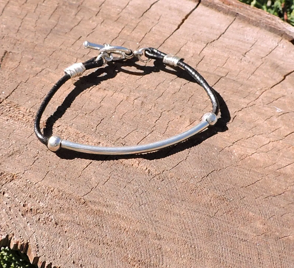 Bracelet, Boho Style Black Leather w/Sterling Silver Tube