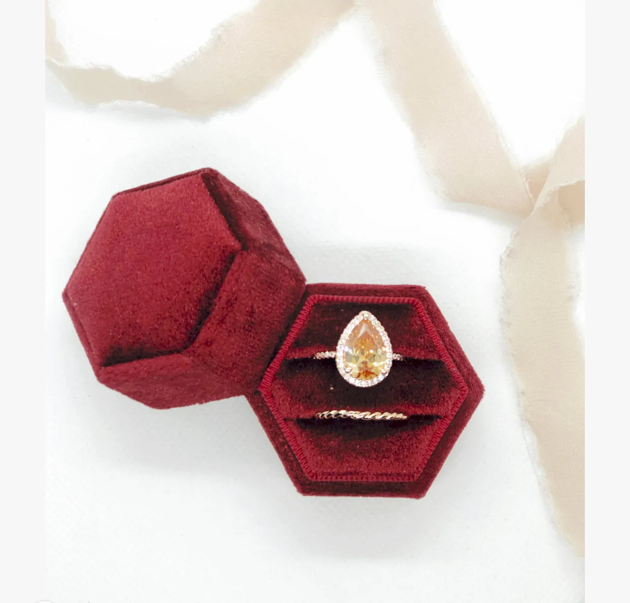 Burgundy Red Velvet Hexagon Ring Box