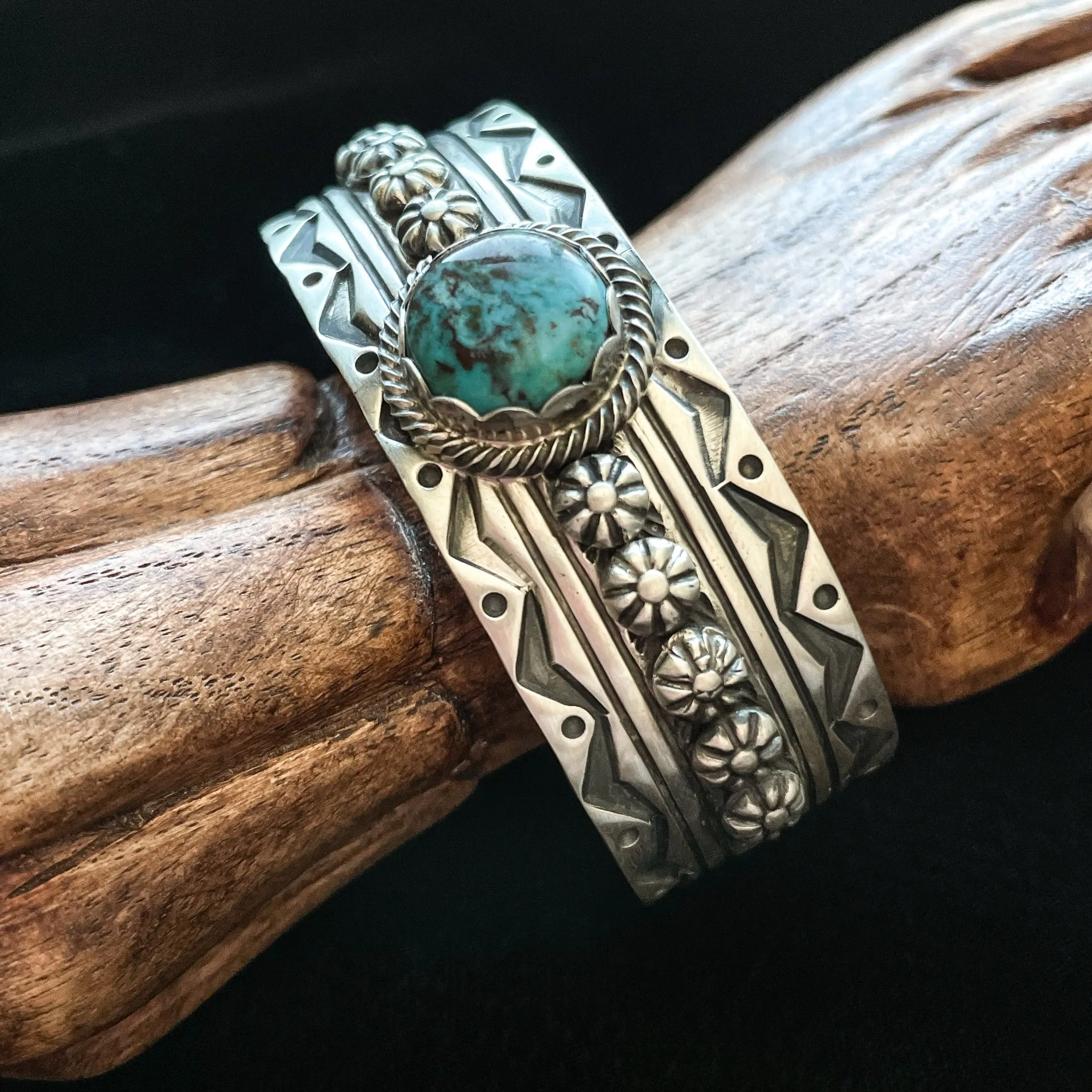 Charles Johnson Bisbee Turquoise Sterling Bracelet, Navajo Native American Cuff Bracelet 50 G