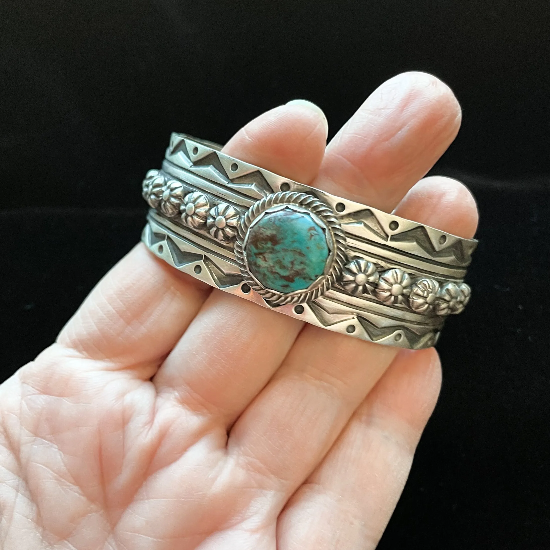 Charles Johnson Bisbee Turquoise Sterling Bracelet, Navajo Native American Cuff Bracelet 50 G