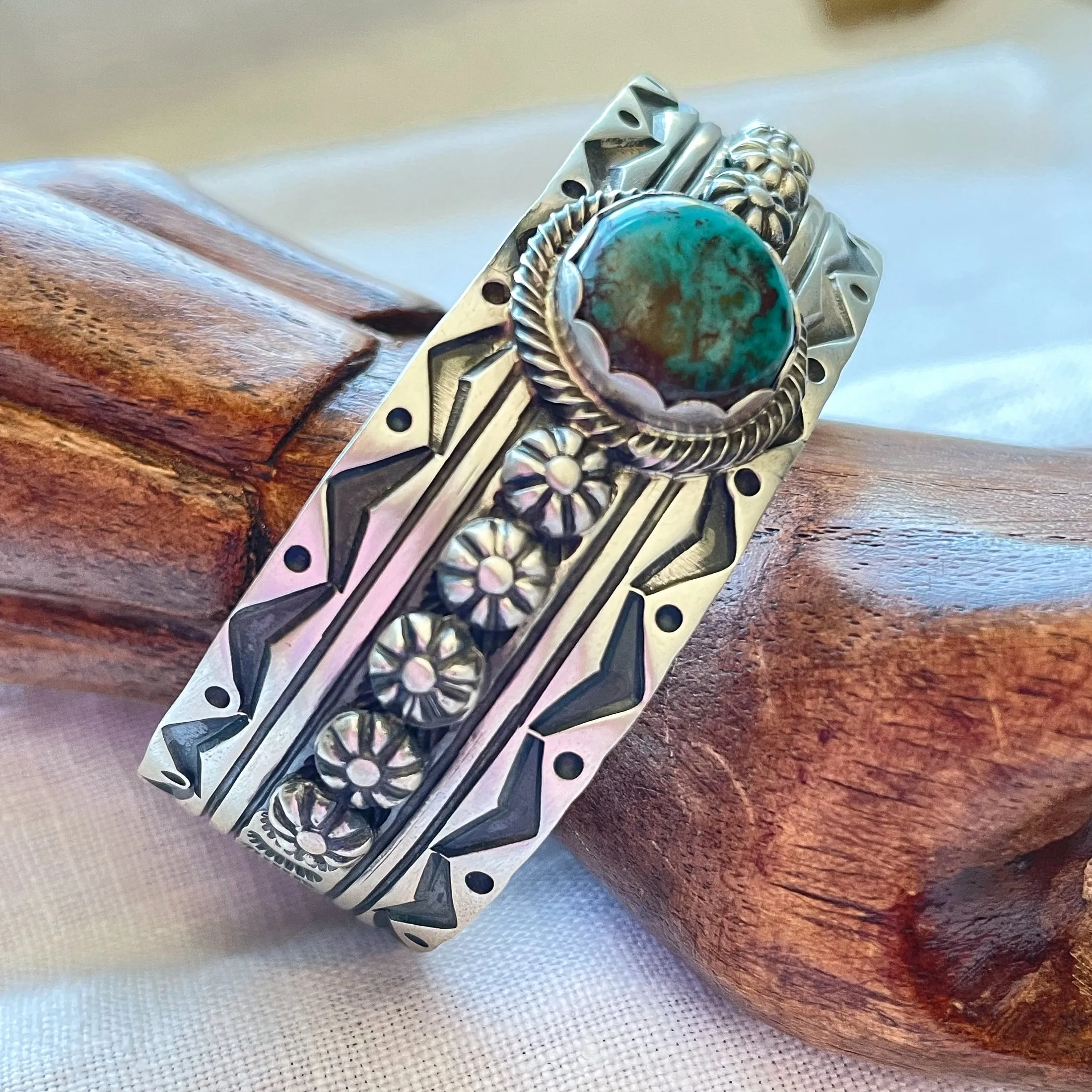 Charles Johnson Bisbee Turquoise Sterling Bracelet, Navajo Native American Cuff Bracelet 50 G