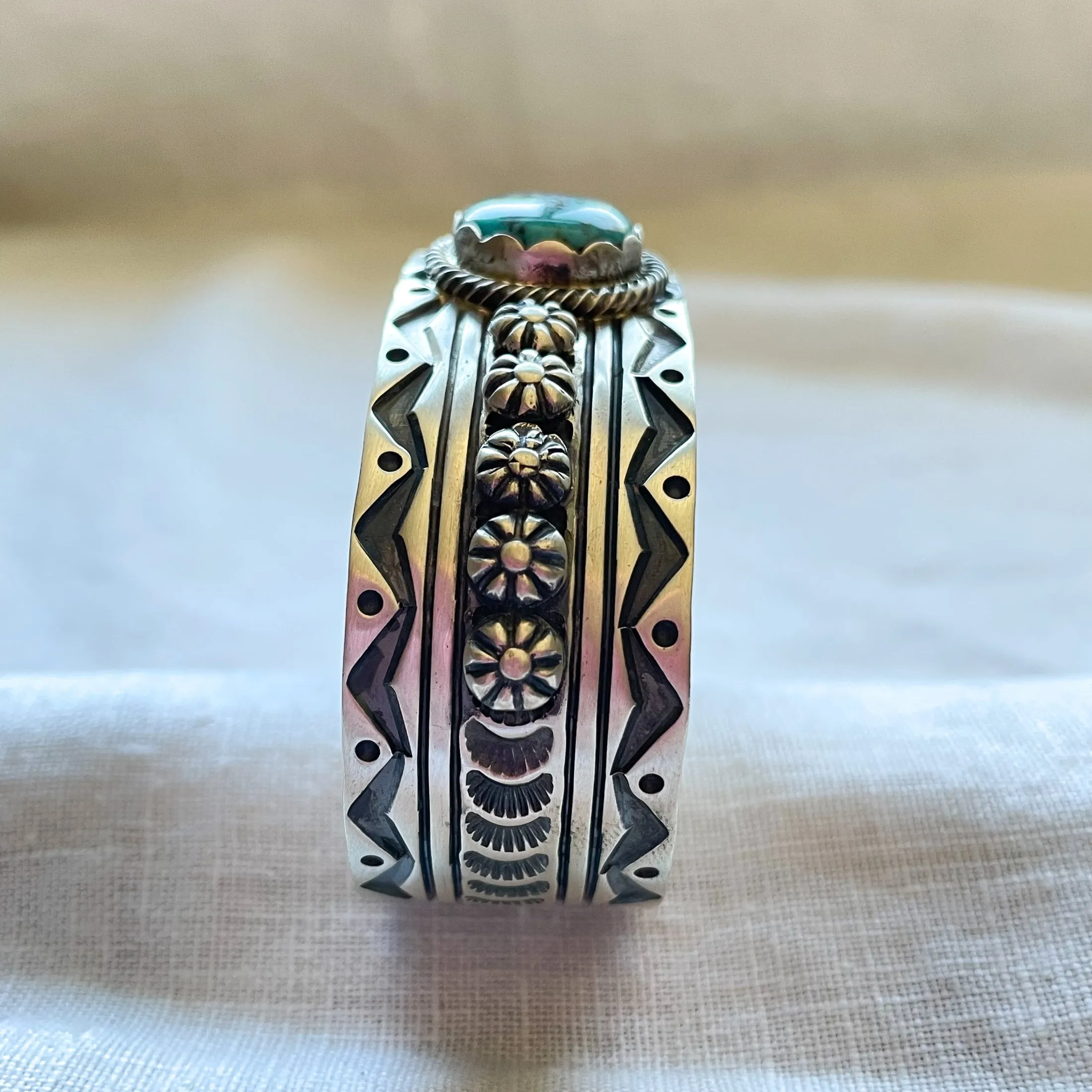 Charles Johnson Bisbee Turquoise Sterling Bracelet, Navajo Native American Cuff Bracelet 50 G