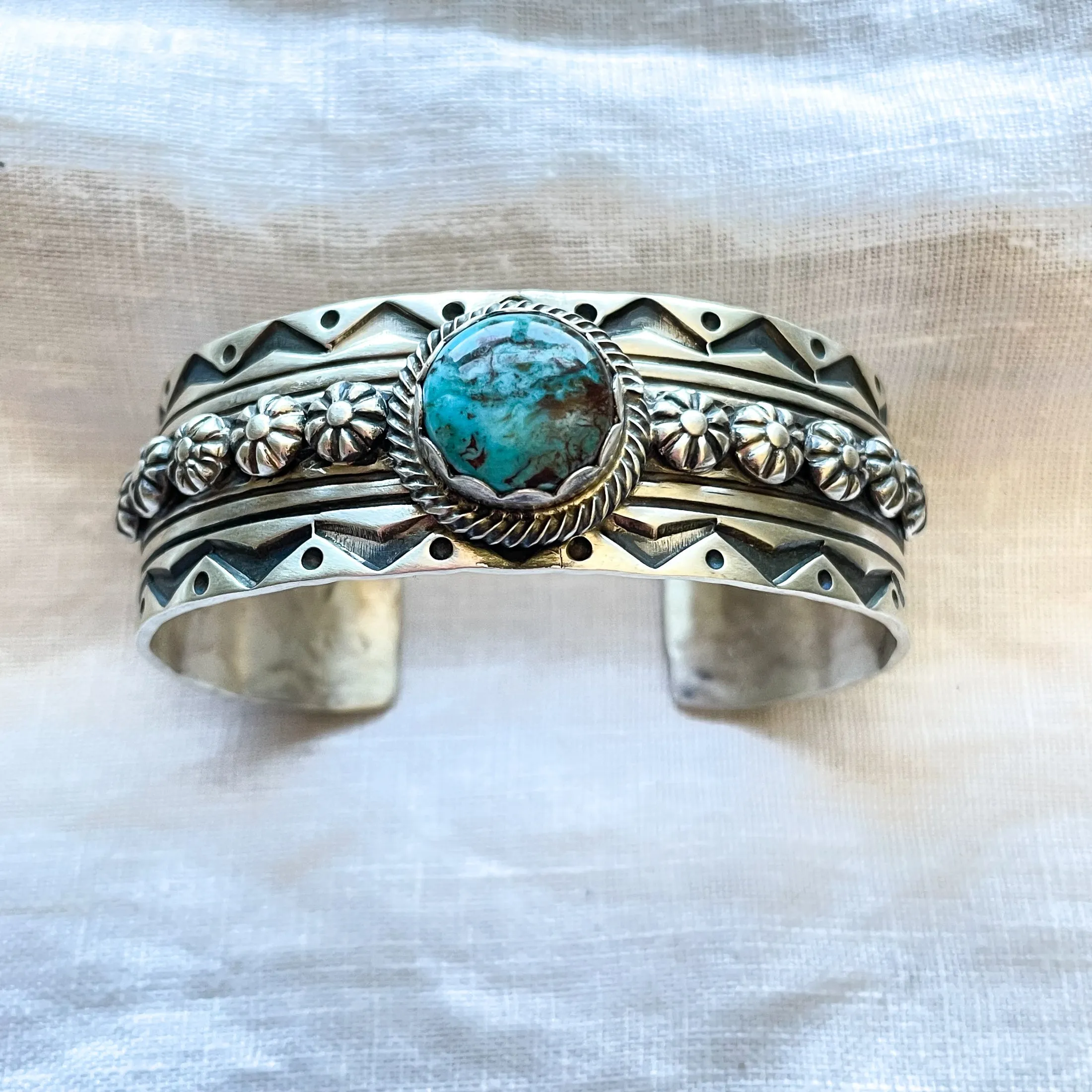 Charles Johnson Bisbee Turquoise Sterling Bracelet, Navajo Native American Cuff Bracelet 50 G