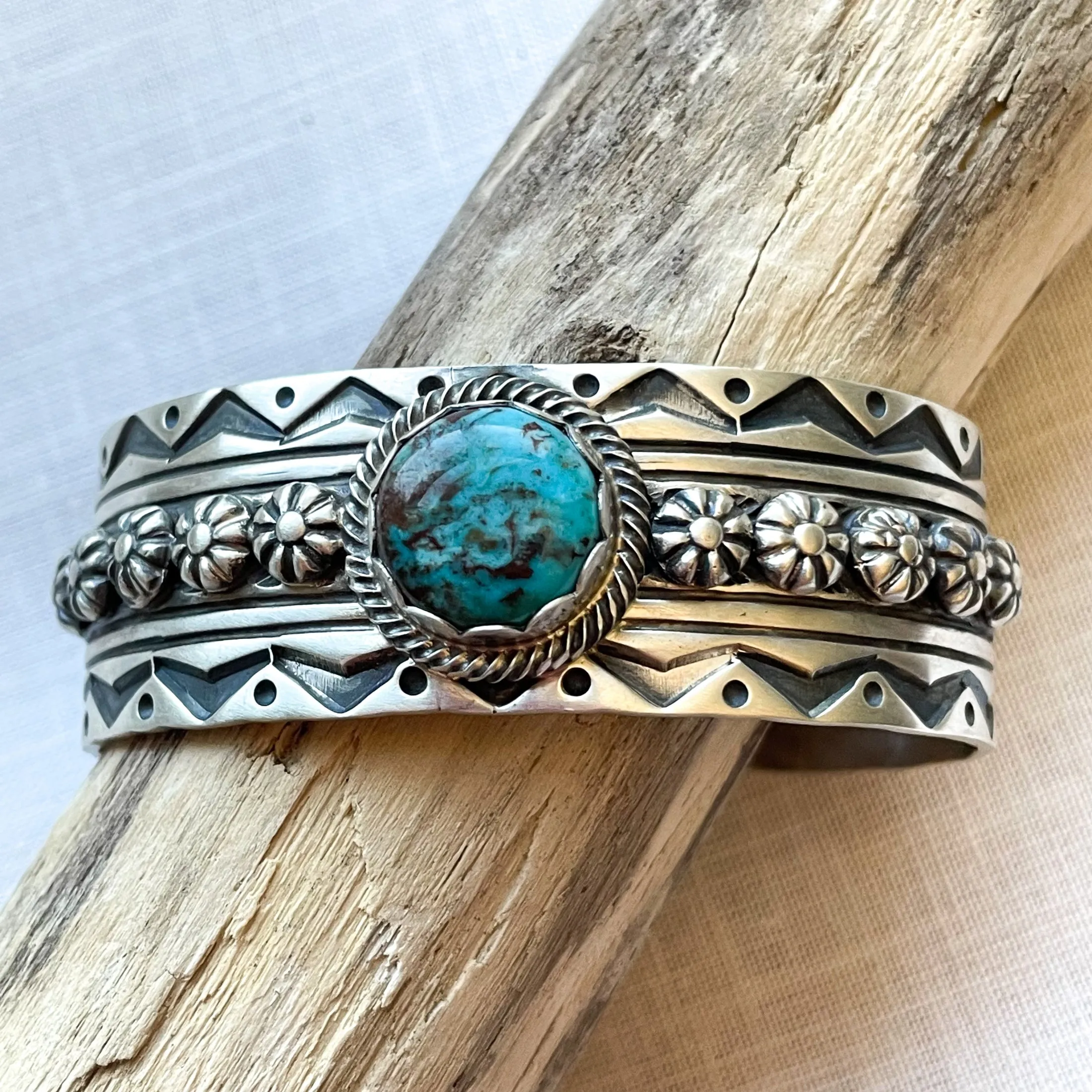 Charles Johnson Bisbee Turquoise Sterling Bracelet, Navajo Native American Cuff Bracelet 50 G