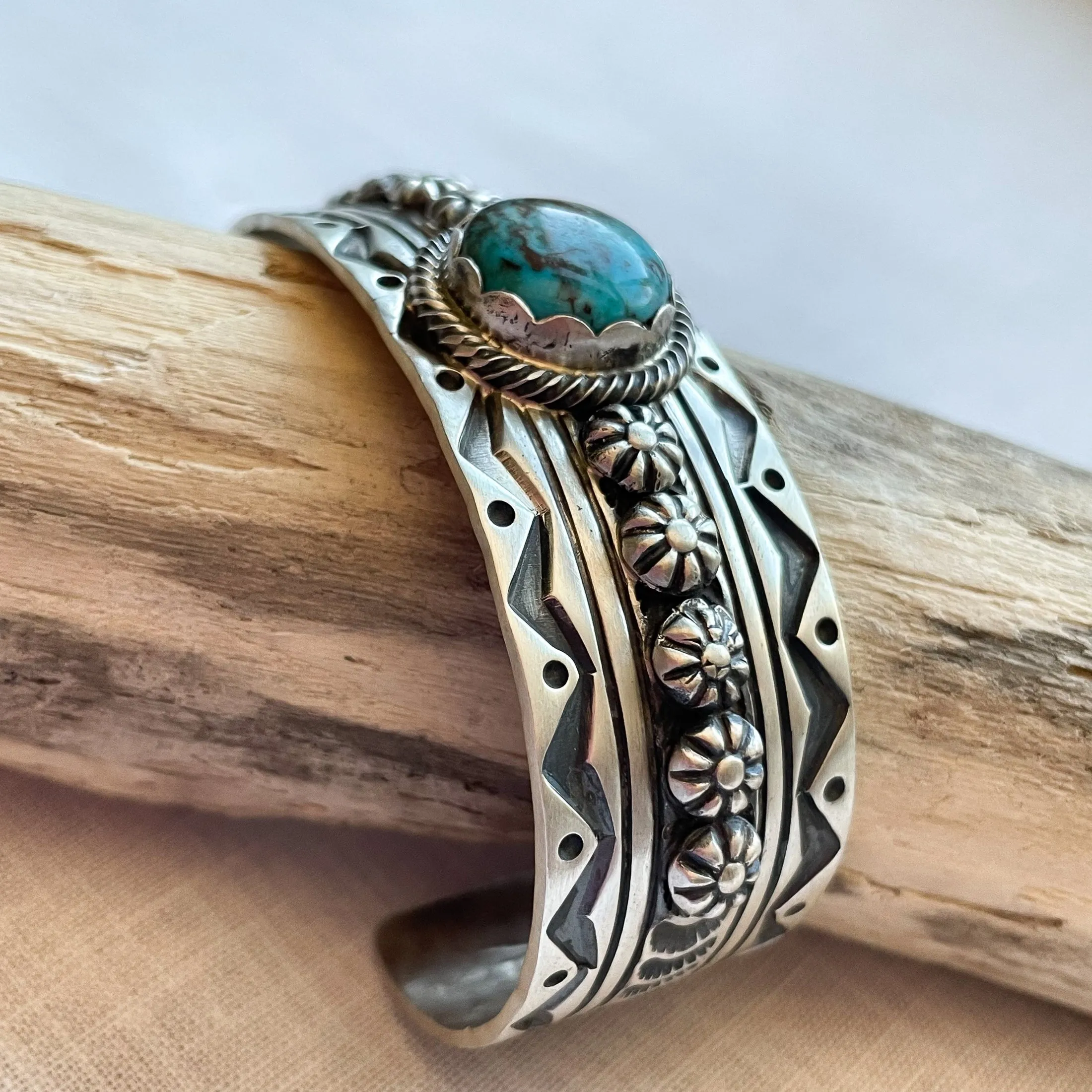 Charles Johnson Bisbee Turquoise Sterling Bracelet, Navajo Native American Cuff Bracelet 50 G