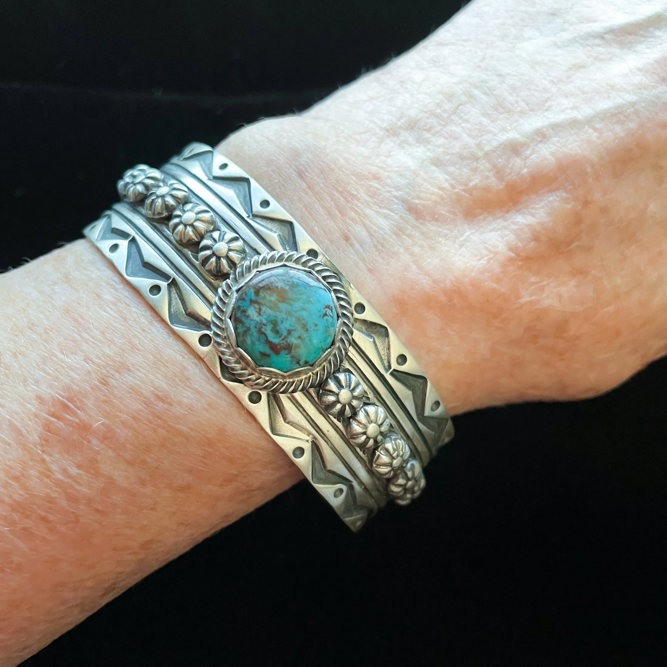 Charles Johnson Bisbee Turquoise Sterling Bracelet, Navajo Native American Cuff Bracelet 50 G