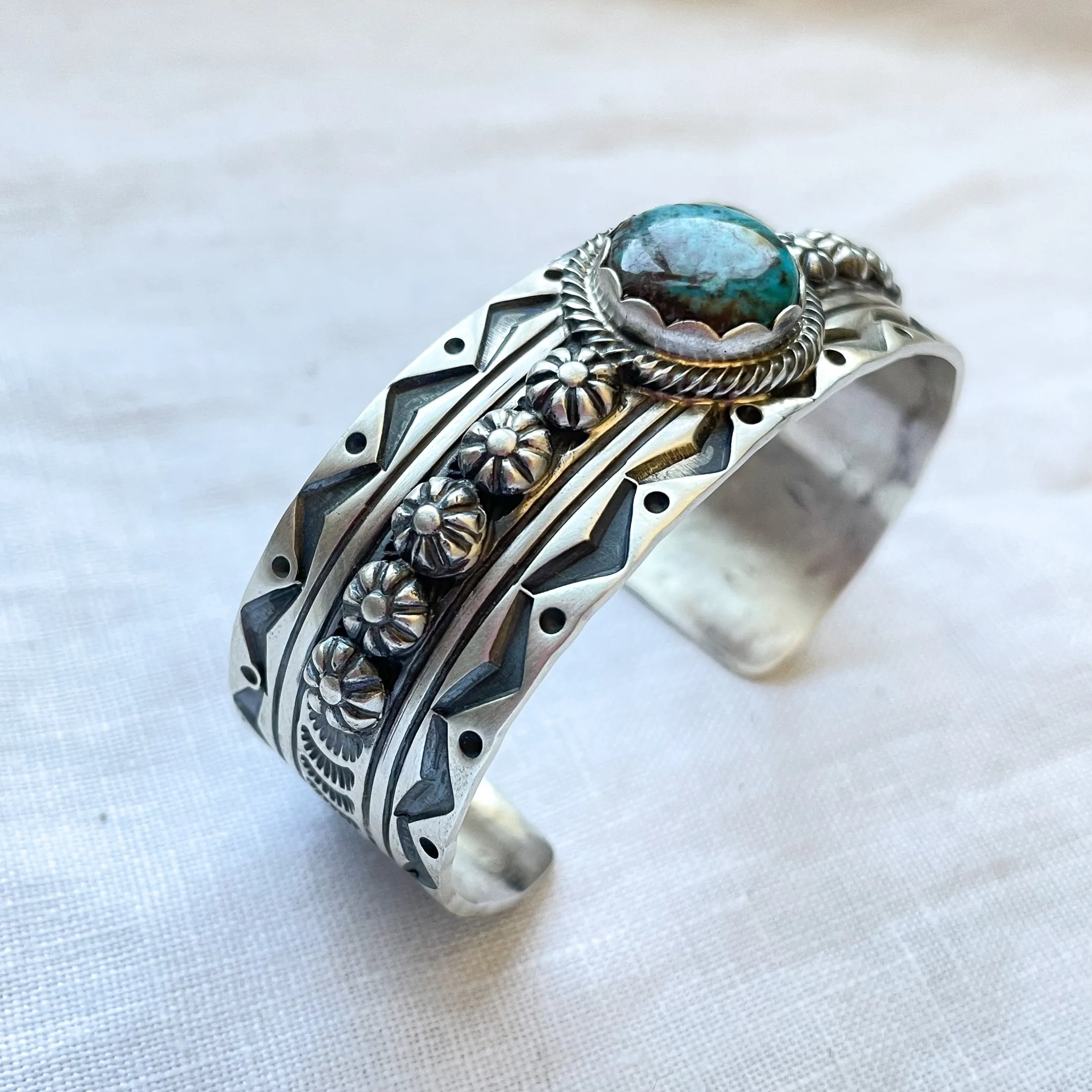 Charles Johnson Bisbee Turquoise Sterling Bracelet, Navajo Native American Cuff Bracelet 50 G