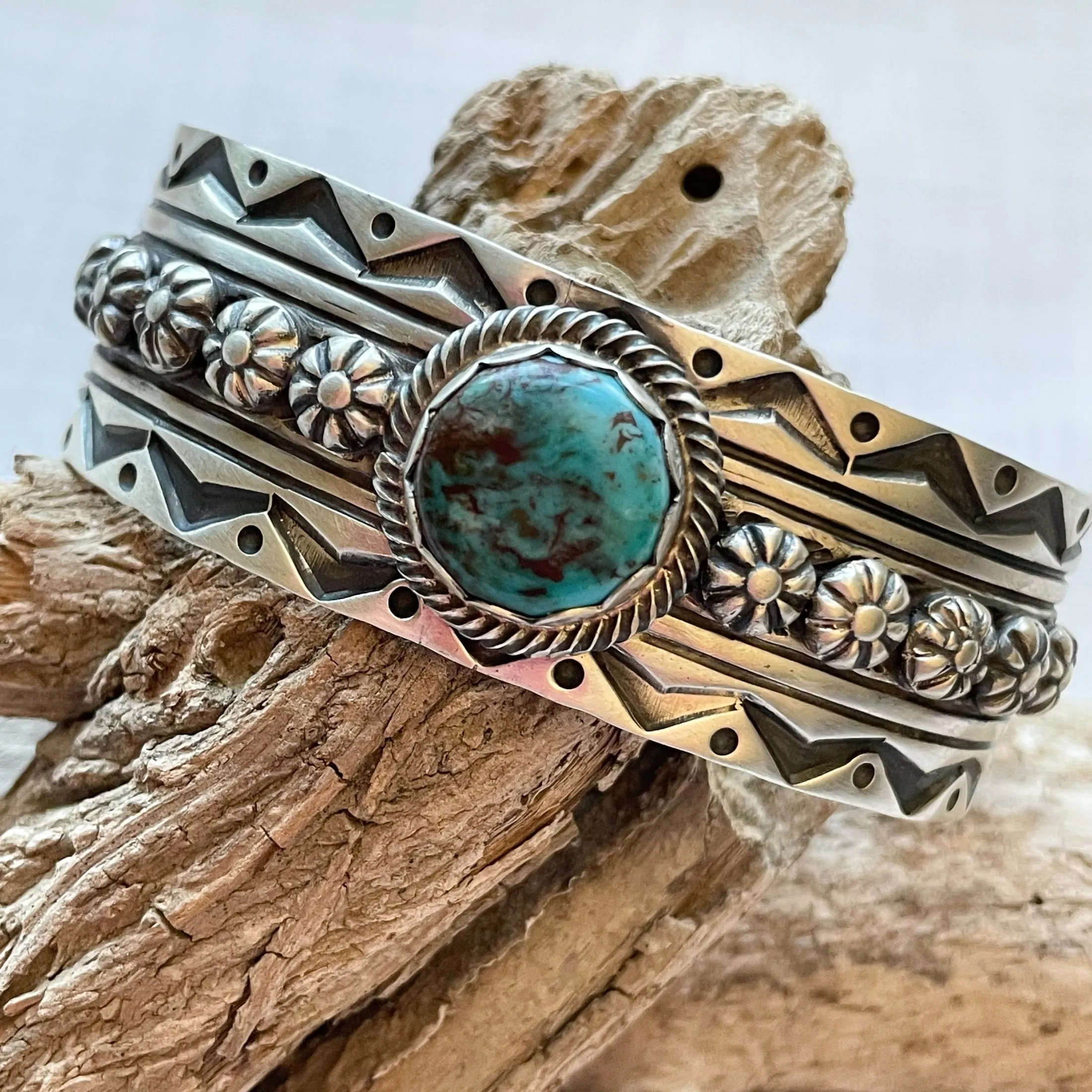 Charles Johnson Bisbee Turquoise Sterling Bracelet, Navajo Native American Cuff Bracelet 50 G