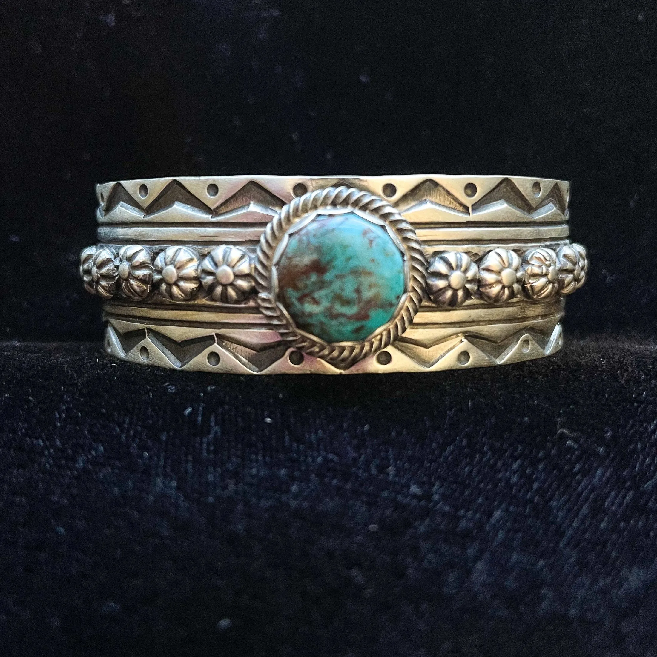 Charles Johnson Bisbee Turquoise Sterling Bracelet, Navajo Native American Cuff Bracelet 50 G