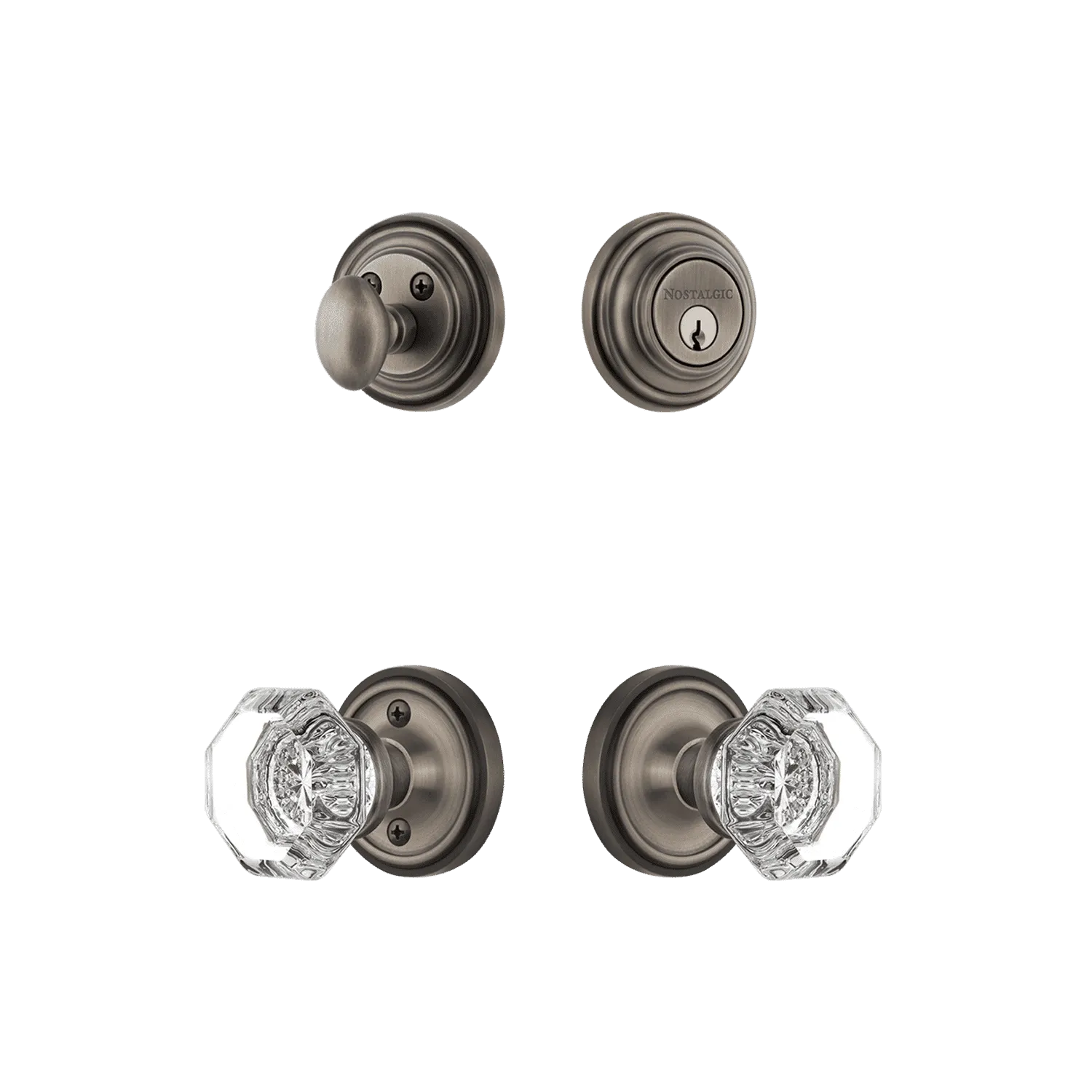 Classic Rosette Entry Set with Waldorf Crystal Knob in Antique Pewter