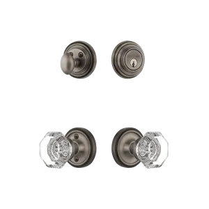 Classic Rosette Entry Set with Waldorf Crystal Knob in Antique Pewter