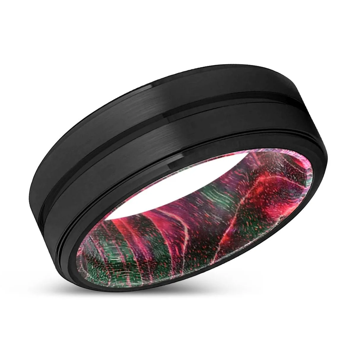 COYOTE | Green & Red Wood, Black Tungsten Ring, Grooved, Stepped Edge