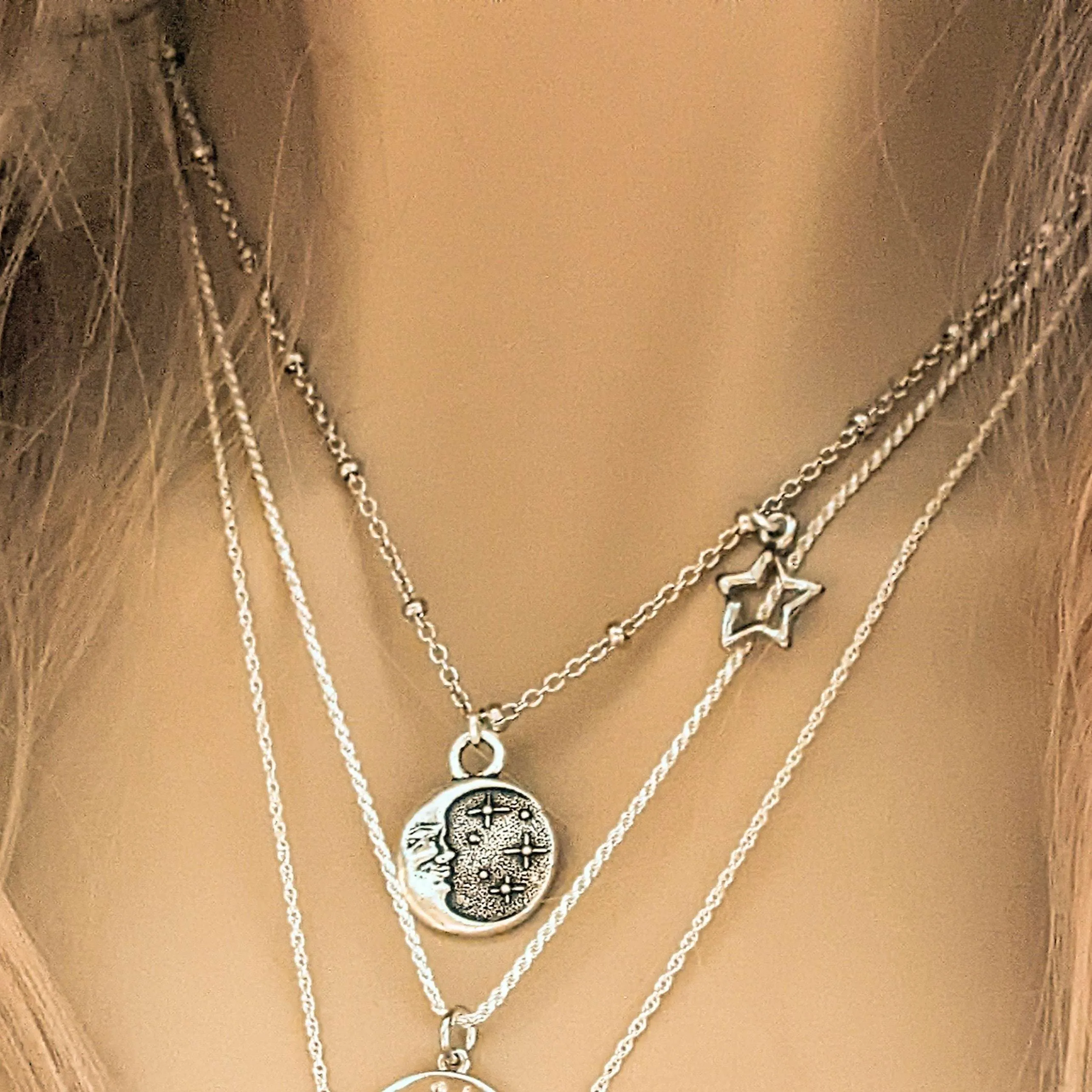 Crescent Moon Face/Cz Star Reversible Necklace