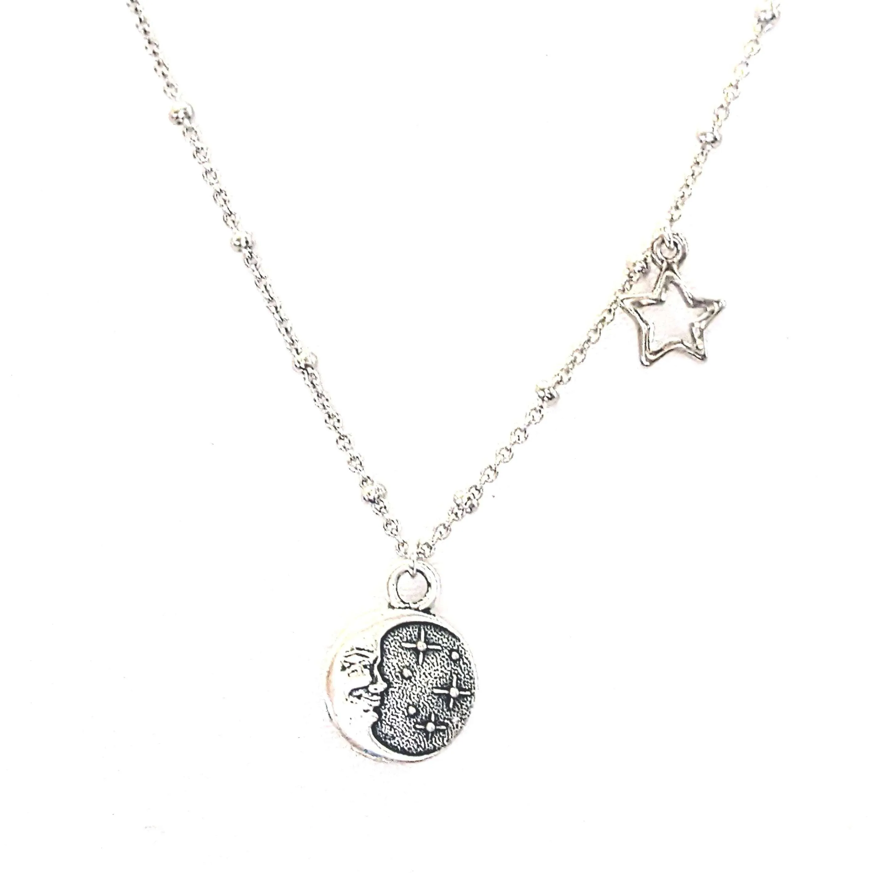 Crescent Moon Face/Cz Star Reversible Necklace