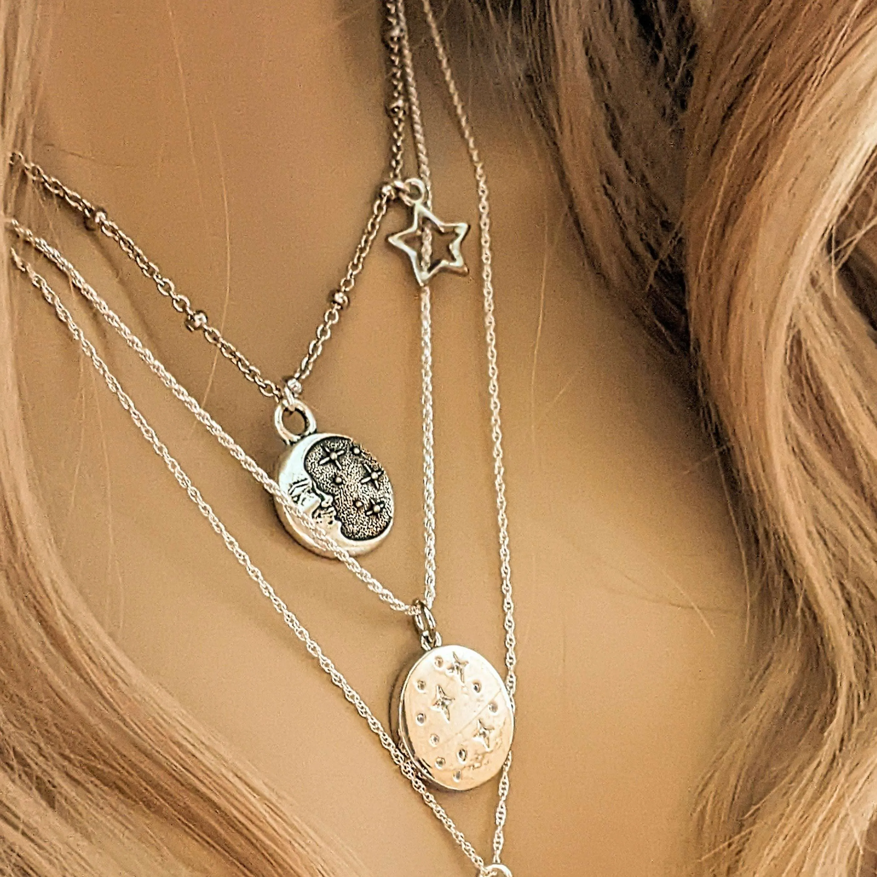 Crescent Moon Face/Cz Star Reversible Necklace