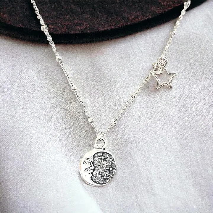 Crescent Moon Face/Cz Star Reversible Necklace