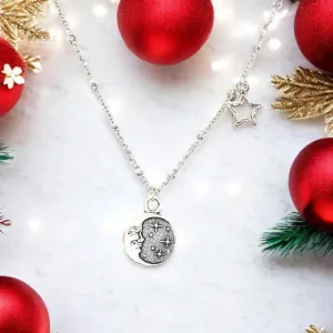 Crescent Moon Face/Cz Star Reversible Necklace