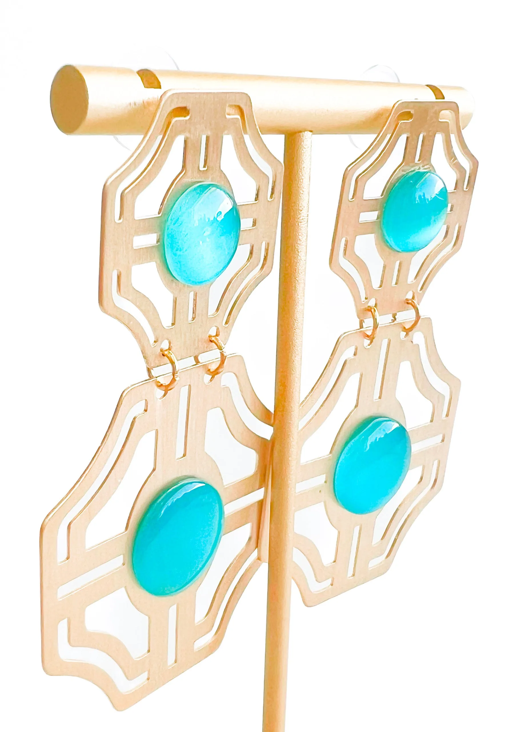 Cutout Maze Gem Earrings - Turquoise