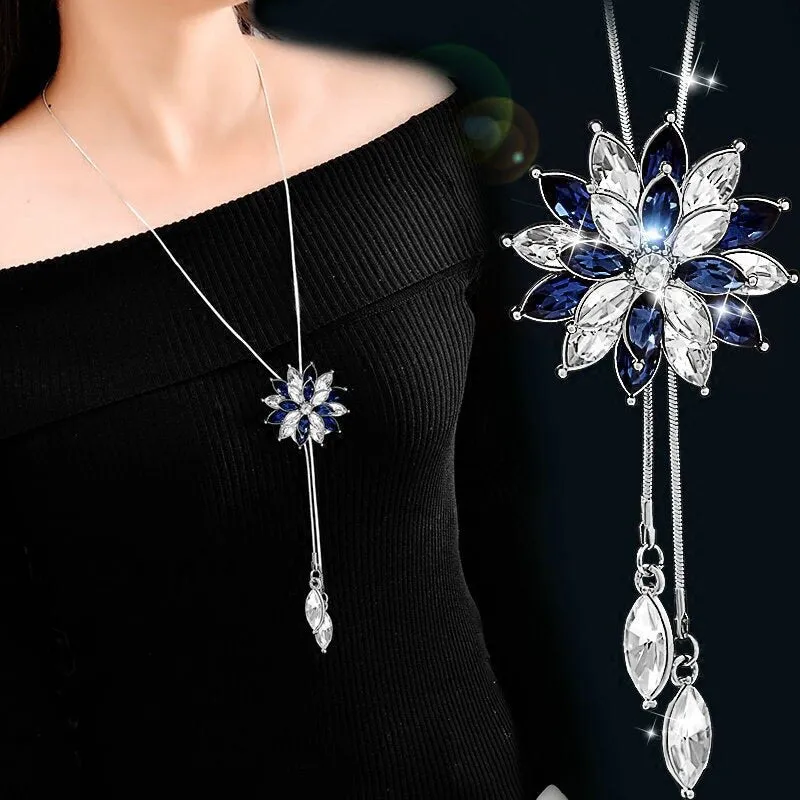 DEANWANGKT Sunflower Crystal Pendant Necklace Women Fashion Blue White Rhinestone Long Chain Necklaces & Pendants Jewelry