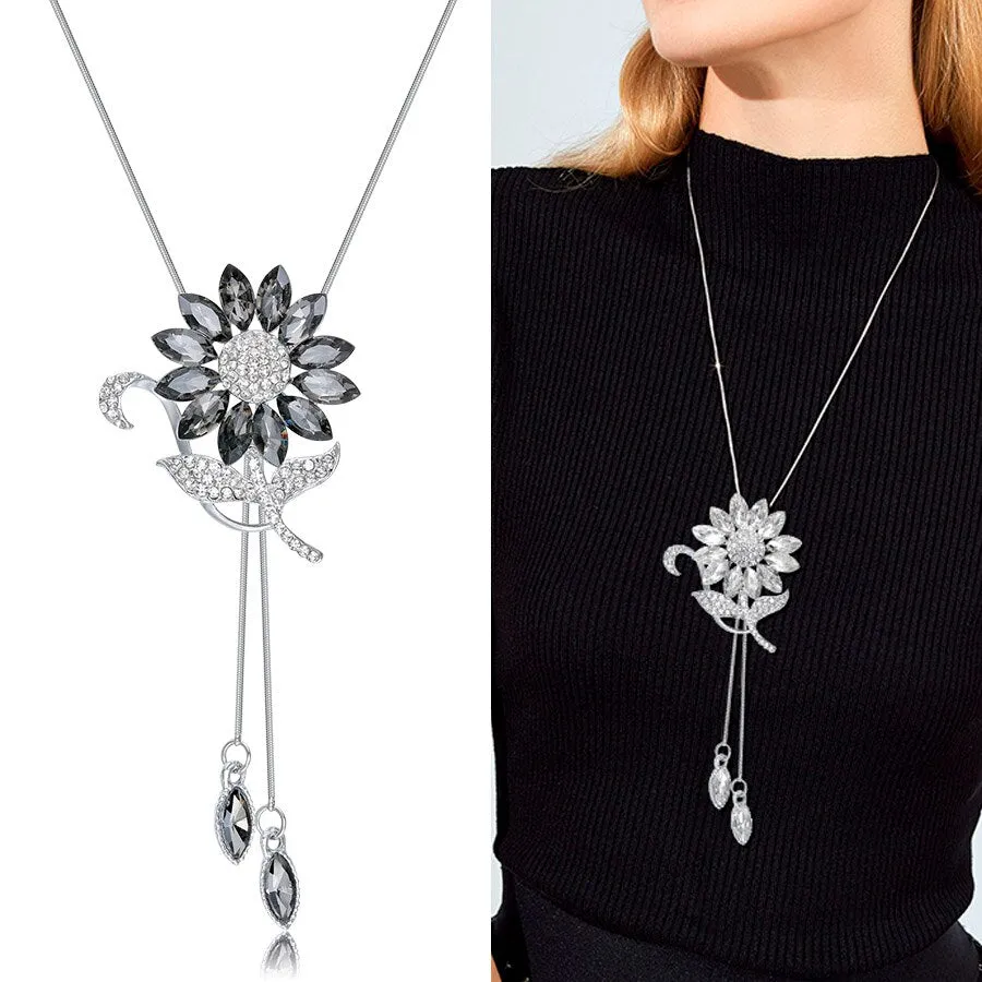 DEANWANGKT Sunflower Crystal Pendant Necklace Women Fashion Blue White Rhinestone Long Chain Necklaces & Pendants Jewelry