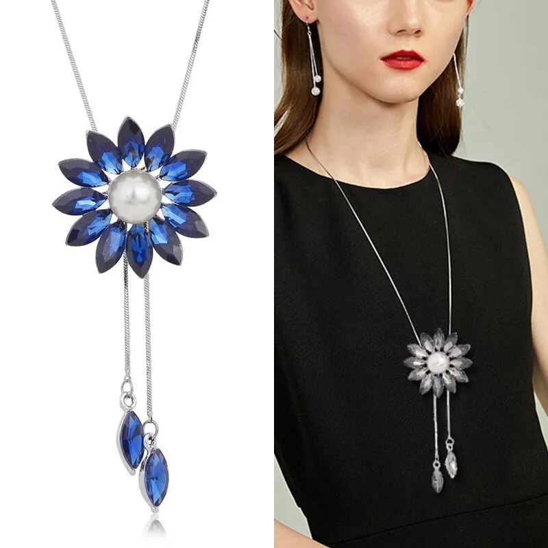 DEANWANGKT Sunflower Crystal Pendant Necklace Women Fashion Blue White Rhinestone Long Chain Necklaces & Pendants Jewelry