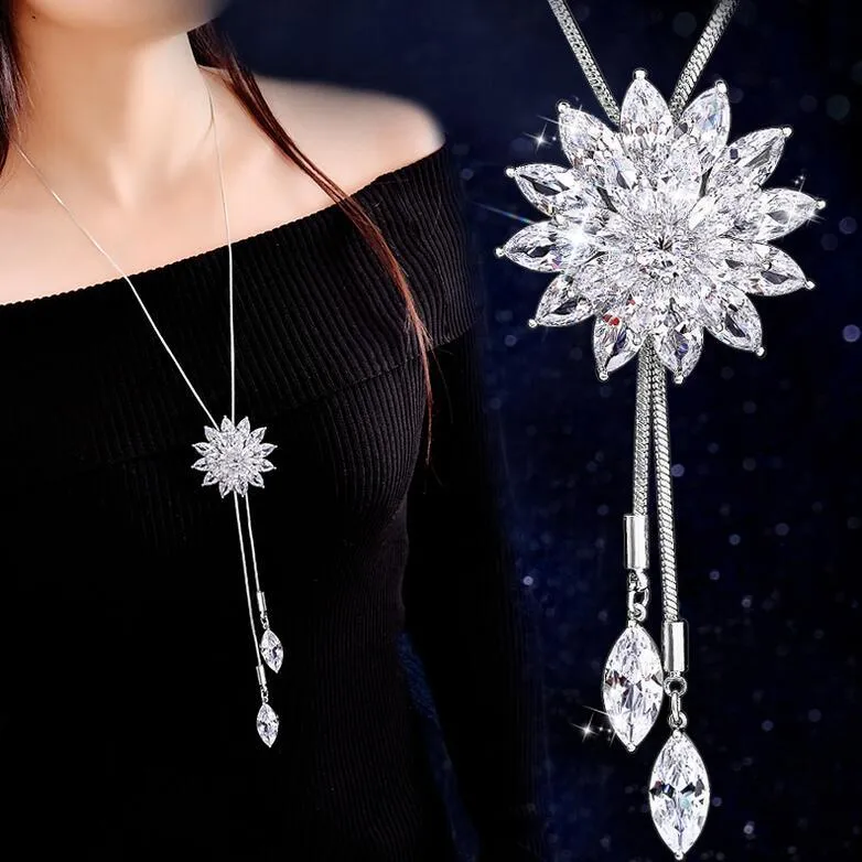 DEANWANGKT Sunflower Crystal Pendant Necklace Women Fashion Blue White Rhinestone Long Chain Necklaces & Pendants Jewelry