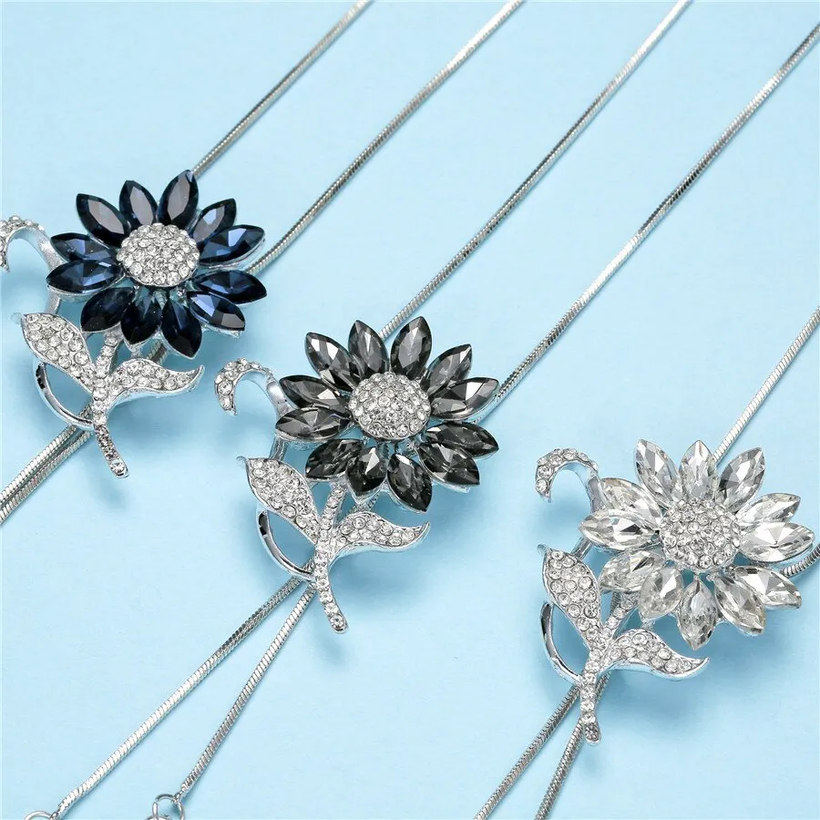 DEANWANGKT Sunflower Crystal Pendant Necklace Women Fashion Blue White Rhinestone Long Chain Necklaces & Pendants Jewelry