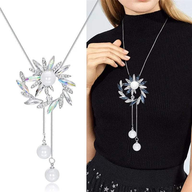 DEANWANGKT Sunflower Crystal Pendant Necklace Women Fashion Blue White Rhinestone Long Chain Necklaces & Pendants Jewelry