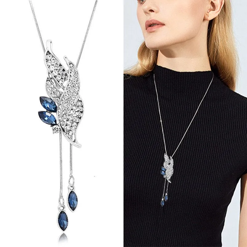 DEANWANGKT Sunflower Crystal Pendant Necklace Women Fashion Blue White Rhinestone Long Chain Necklaces & Pendants Jewelry