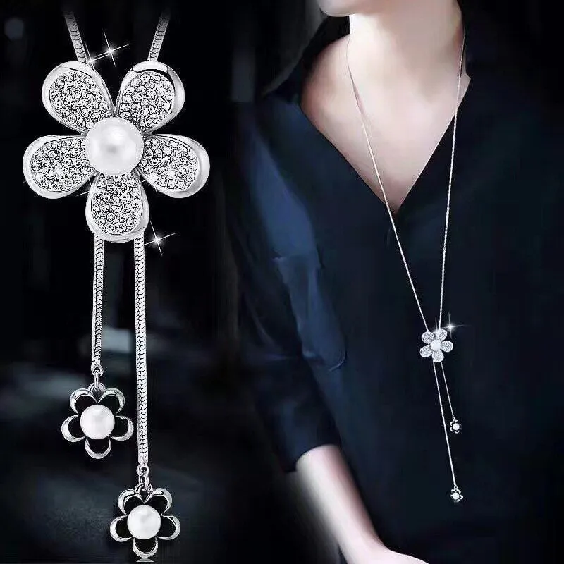 DEANWANGKT Sunflower Crystal Pendant Necklace Women Fashion Blue White Rhinestone Long Chain Necklaces & Pendants Jewelry