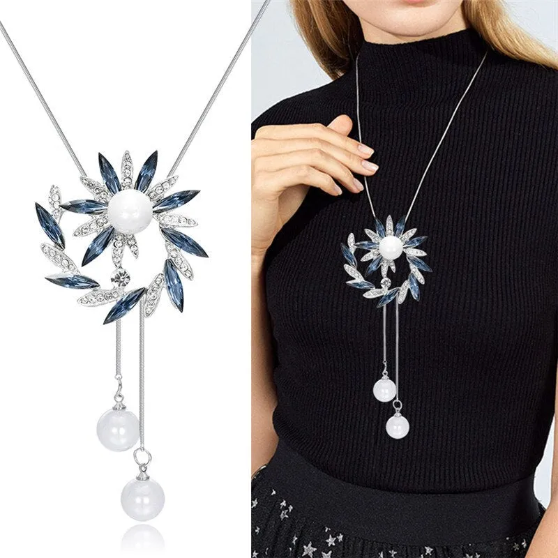 DEANWANGKT Sunflower Crystal Pendant Necklace Women Fashion Blue White Rhinestone Long Chain Necklaces & Pendants Jewelry