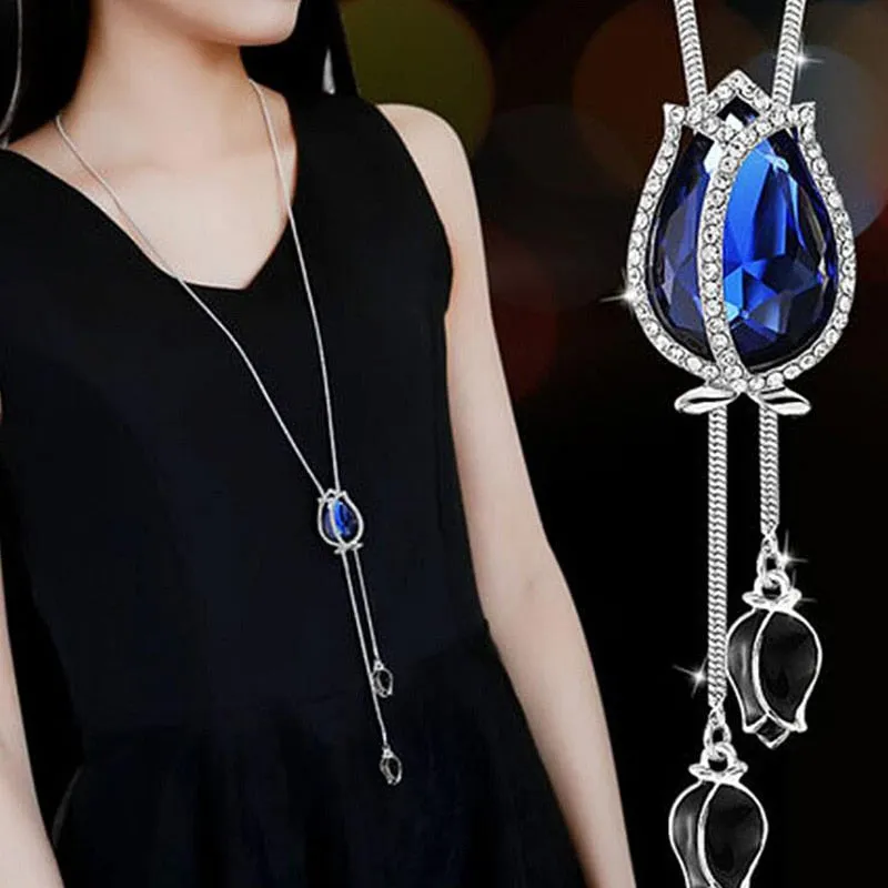 DEANWANGKT Sunflower Crystal Pendant Necklace Women Fashion Blue White Rhinestone Long Chain Necklaces & Pendants Jewelry