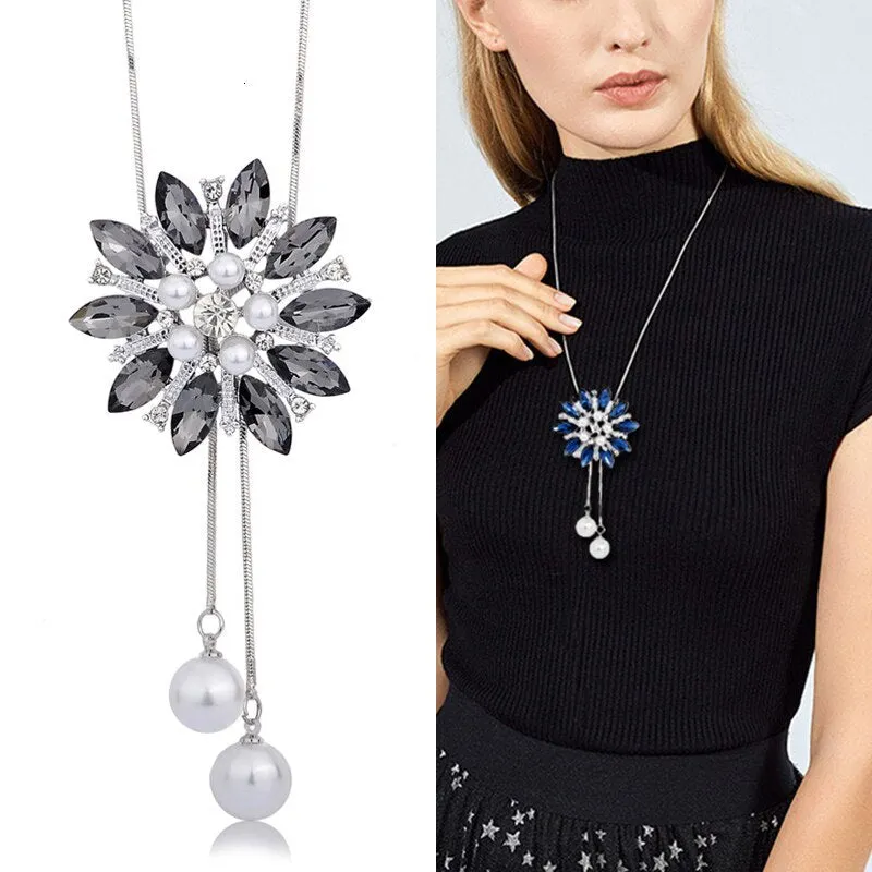 DEANWANGKT Sunflower Crystal Pendant Necklace Women Fashion Blue White Rhinestone Long Chain Necklaces & Pendants Jewelry