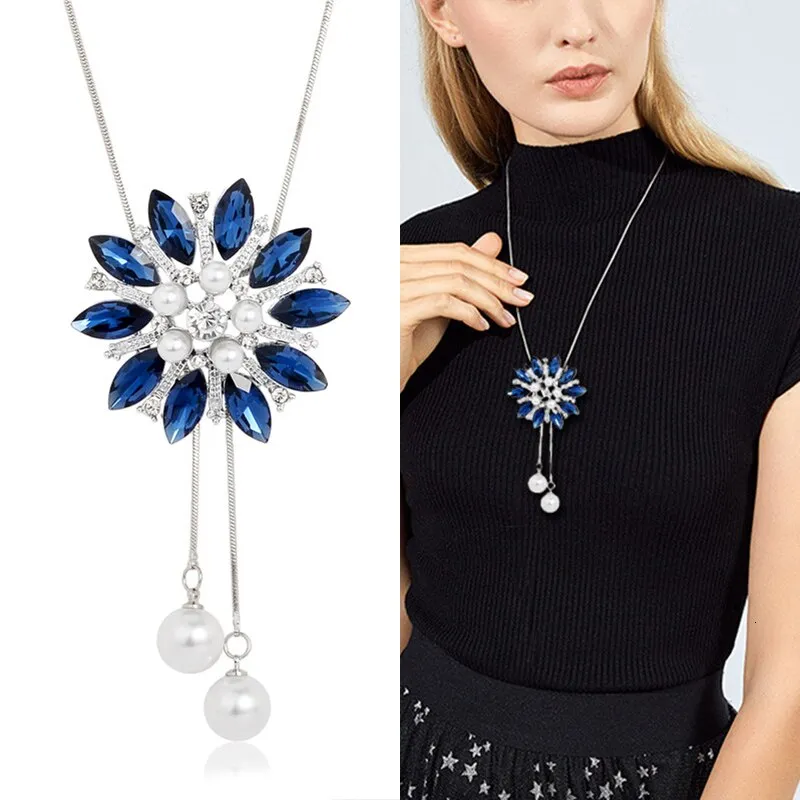 DEANWANGKT Sunflower Crystal Pendant Necklace Women Fashion Blue White Rhinestone Long Chain Necklaces & Pendants Jewelry