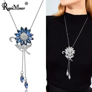 DEANWANGKT Sunflower Crystal Pendant Necklace Women Fashion Blue White Rhinestone Long Chain Necklaces & Pendants Jewelry