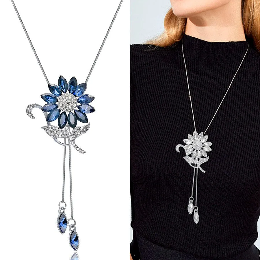 DEANWANGKT Sunflower Crystal Pendant Necklace Women Fashion Blue White Rhinestone Long Chain Necklaces & Pendants Jewelry