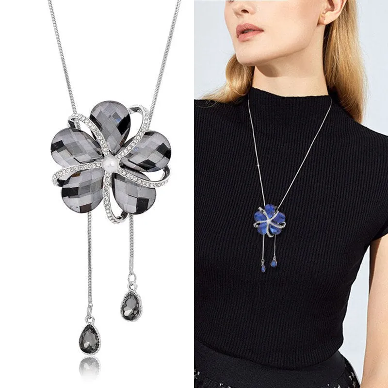 DEANWANGKT Sunflower Crystal Pendant Necklace Women Fashion Blue White Rhinestone Long Chain Necklaces & Pendants Jewelry