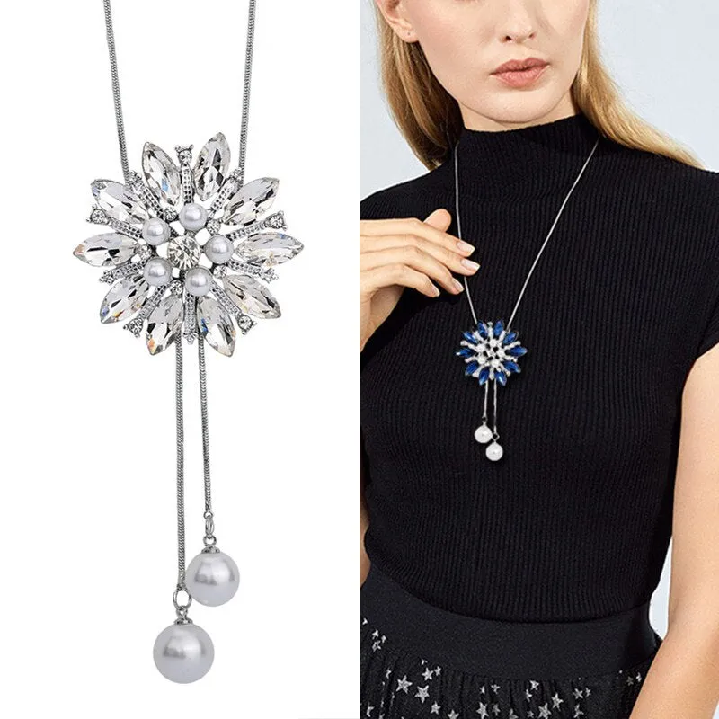 DEANWANGKT Sunflower Crystal Pendant Necklace Women Fashion Blue White Rhinestone Long Chain Necklaces & Pendants Jewelry