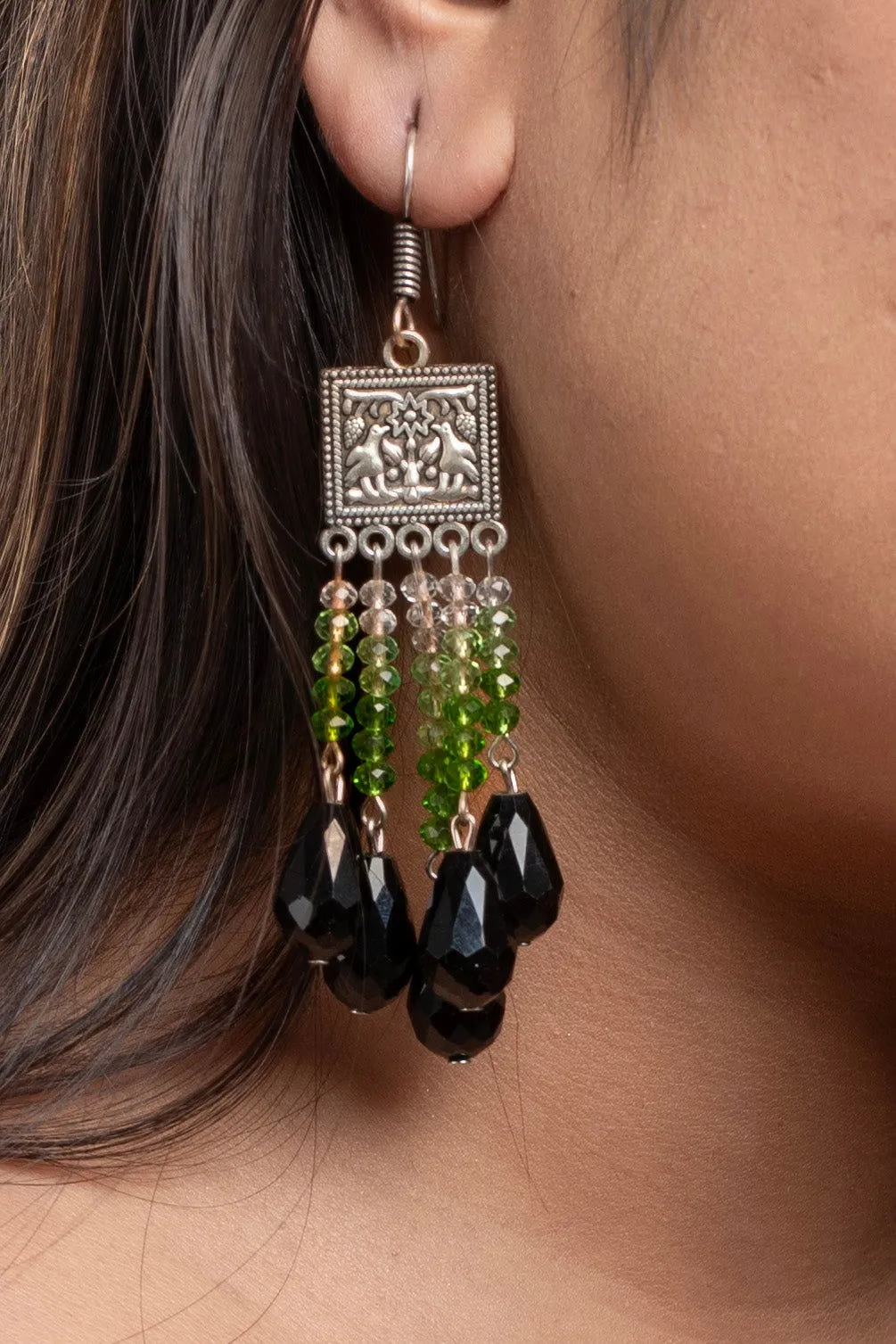 Designer Handmade Earrings - Oxidised Silver with White, Green & Black Crystals Drop