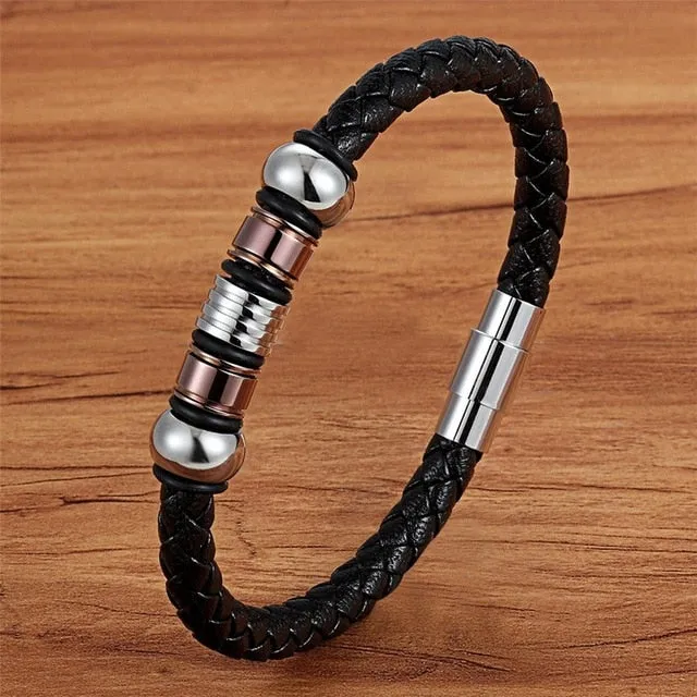 Fashion Stainless Steel Charm Magnetic Black Men Bracelet Leather Genuine Braided Punk Rock Bangles Jewelry Accessories Friend