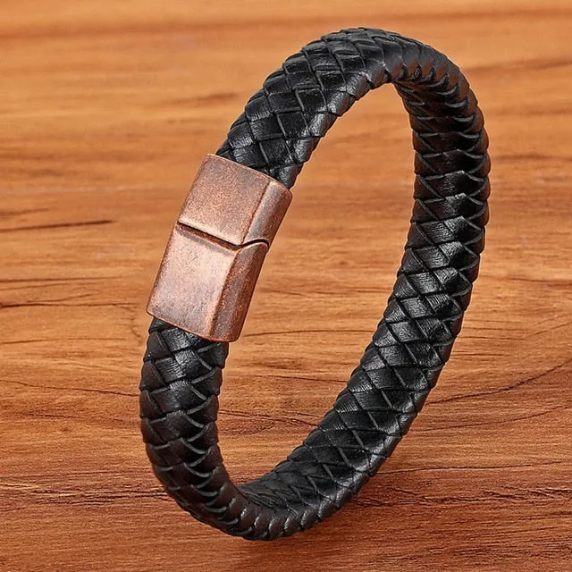 Fashion Stainless Steel Charm Magnetic Black Men Bracelet Leather Genuine Braided Punk Rock Bangles Jewelry Accessories Friend