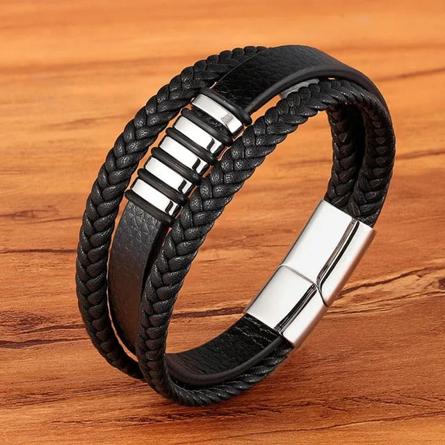 Fashion Stainless Steel Charm Magnetic Black Men Bracelet Leather Genuine Braided Punk Rock Bangles Jewelry Accessories Friend