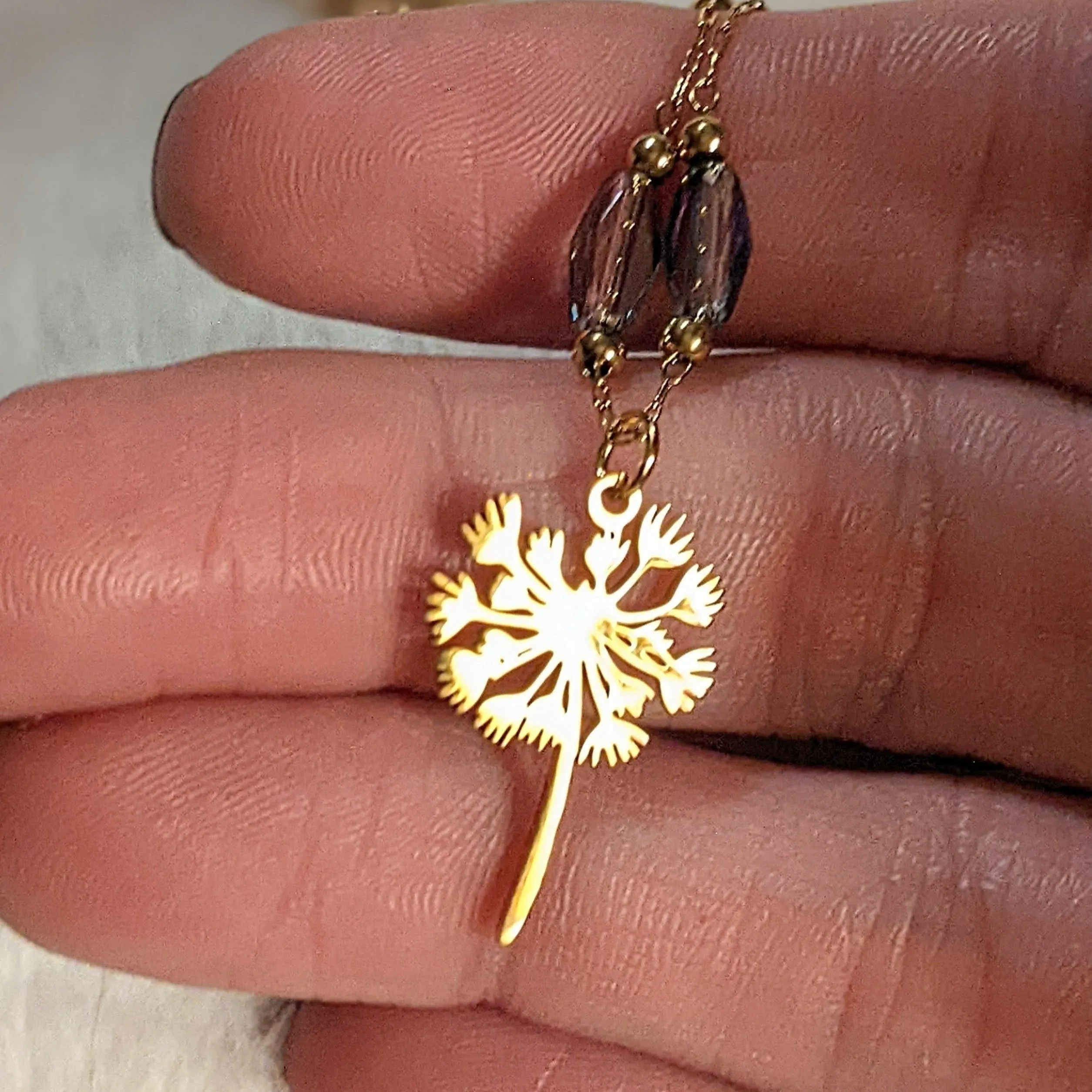 Gold Dandelion Crystal Bead Necklace, 20 inch